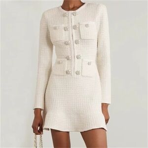 Self Portrait Diamanté White Tweed Dress